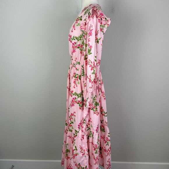 Banjanan Peach PInk Floral Ruffle Long Sleeve Maxi Cottage Dress Large - Picture 7 of 9
